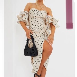 Cream Polca dot midi dress from PrettyLittleThing, with Bardot neckline.